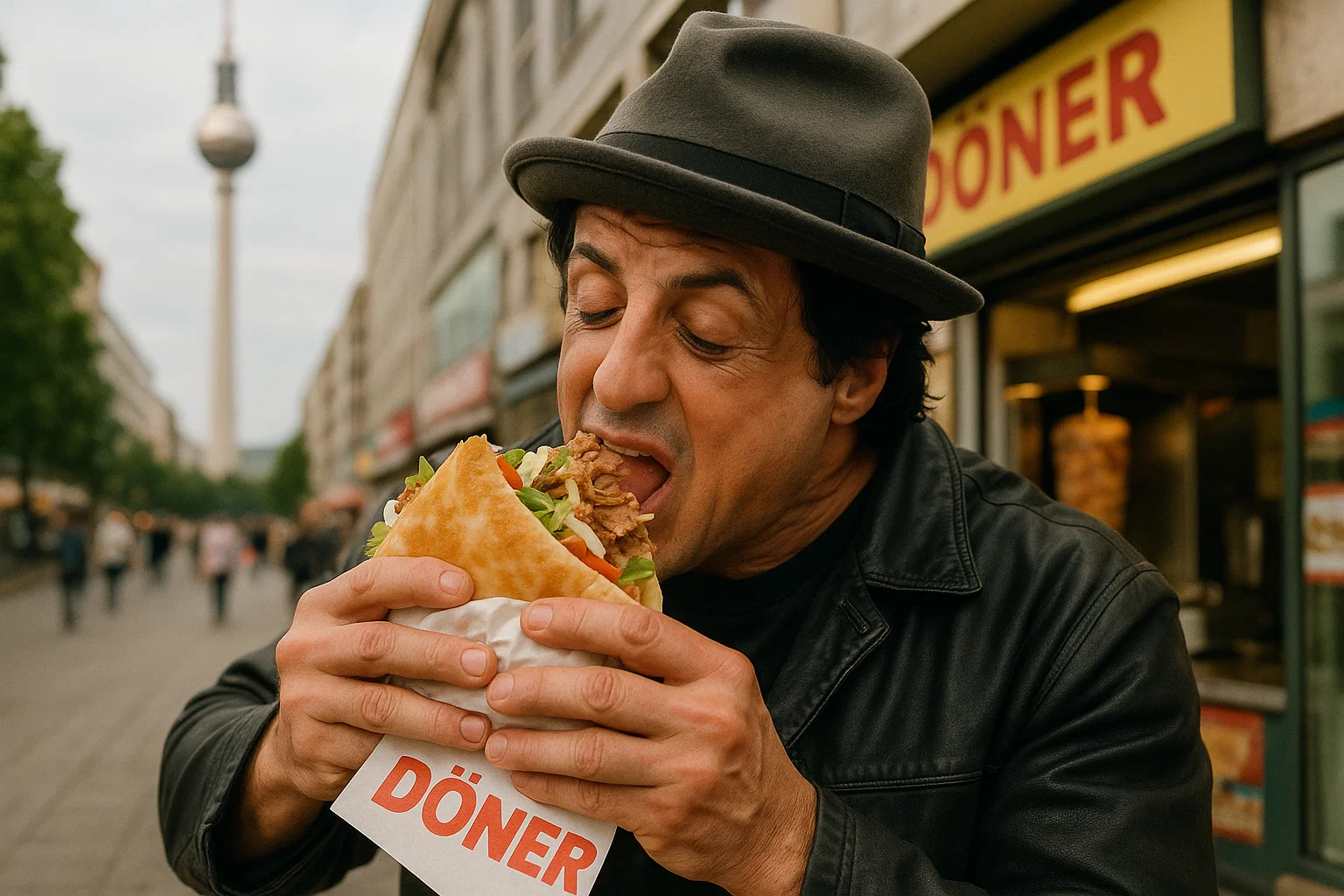 Mann mit hut isst döner vor berliner fernsehturm